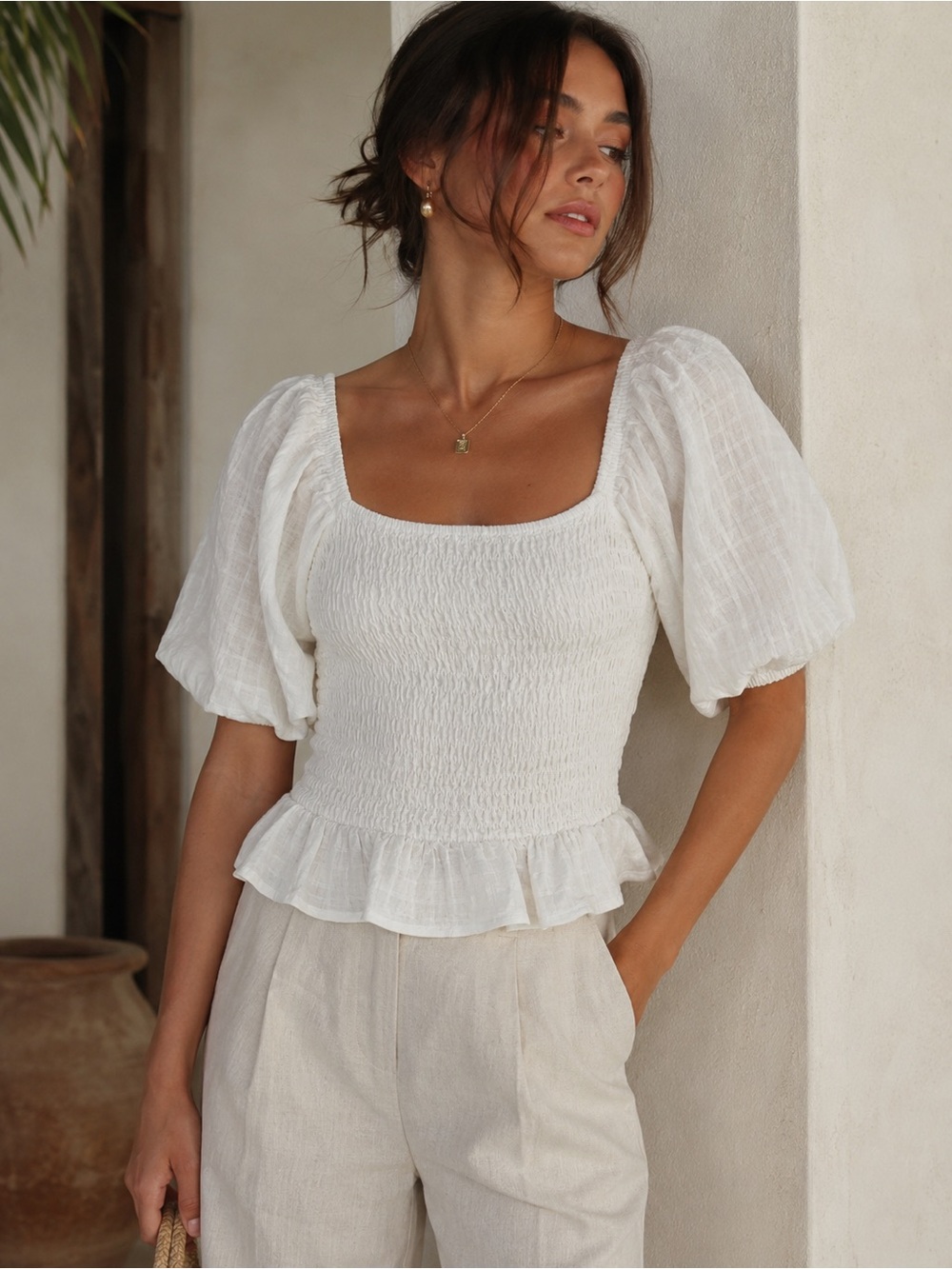 Women's White Smocked Off-Shoulder Top with Puff Sleeves - Size S